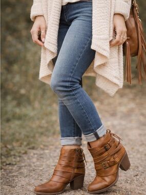 POP Cognac Brown Wrap Strap Ankle Boots Block Heel Boho Size 7.5